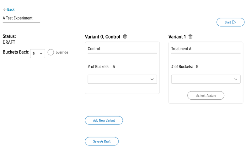 Setting up a draft experiment allows a user to choose feature flags for variants and the number of Fastly buckets per variant, which determines the amount of traffic exposed to the branch. Metadata about the experiment is shown in the left once created.